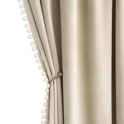 MIULEE Beige Pom Pom Velvet Curtains for Bedroom/Living Room Cream Darkening Thermal Insulating 84 Inches Long Blackout Curtains with Rod Pocket for Girls Room/Nursery/Home Theater Set of 2