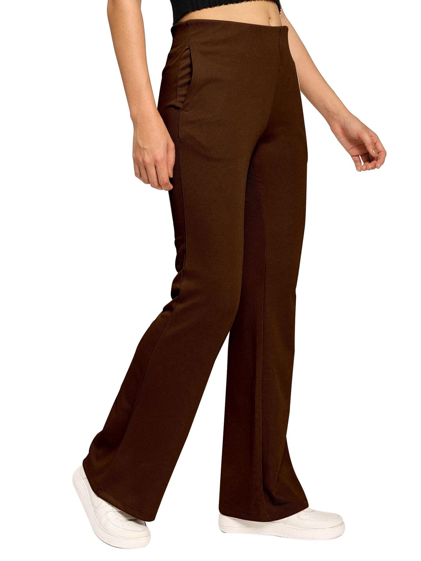 Mehrang High Waisted Wide Leg Ribbed Knit Trousers with Pockets | Casual and Stretchy Pants | for Women (in, Alpha, M, Regular, Khaki)