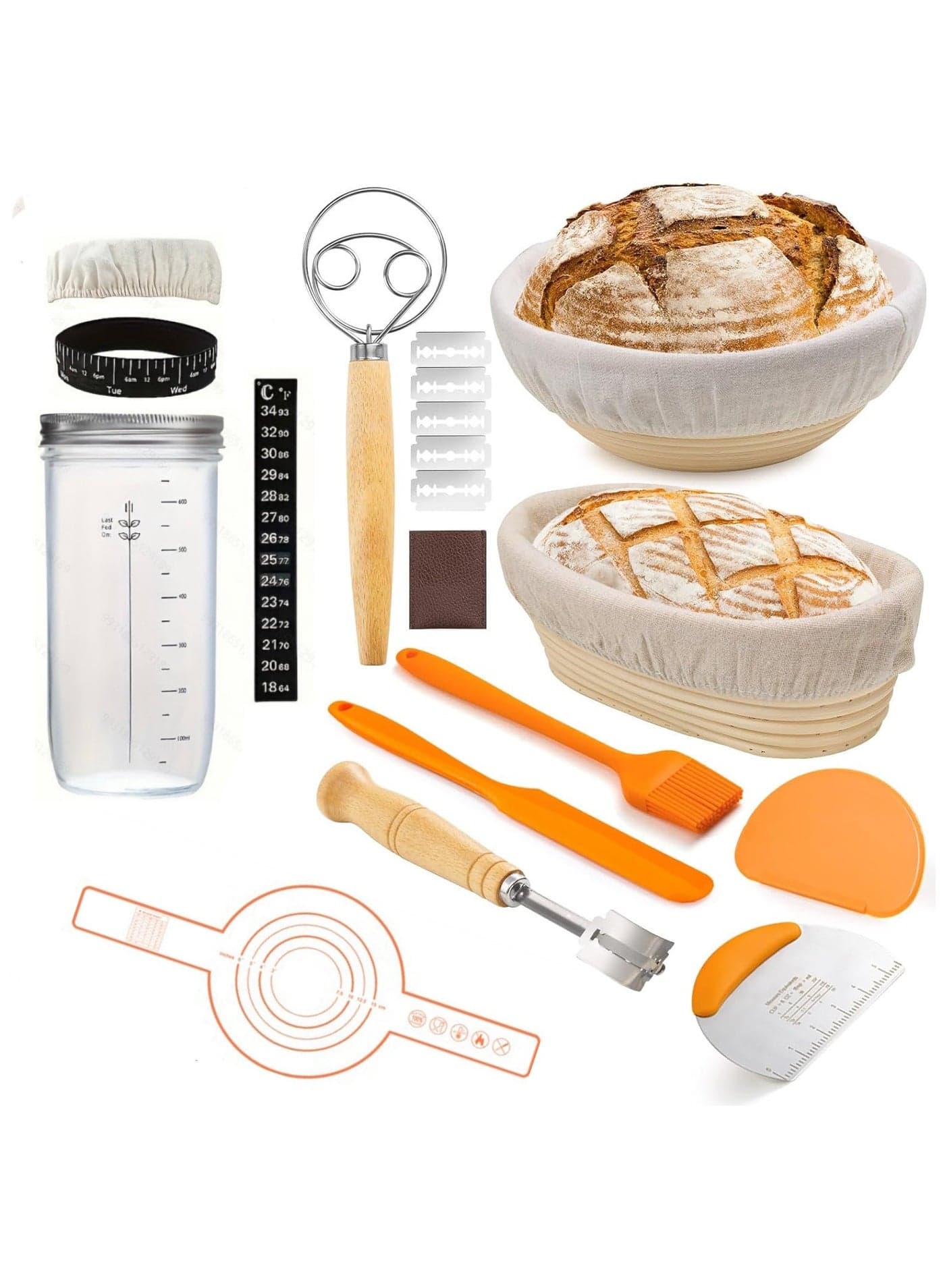 10 Piece Bread Leavening Basket Set Oval Round Leavening Basket Whisk Dough Scraper Silicone Brush