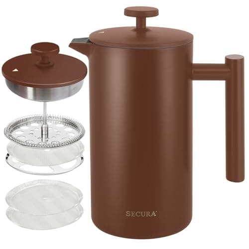Secura French Press Coffee Maker 304 Grade Stainless Steel Insulated Coffee Press with 2 Extra Screens 34oz 1 Litre Coffee