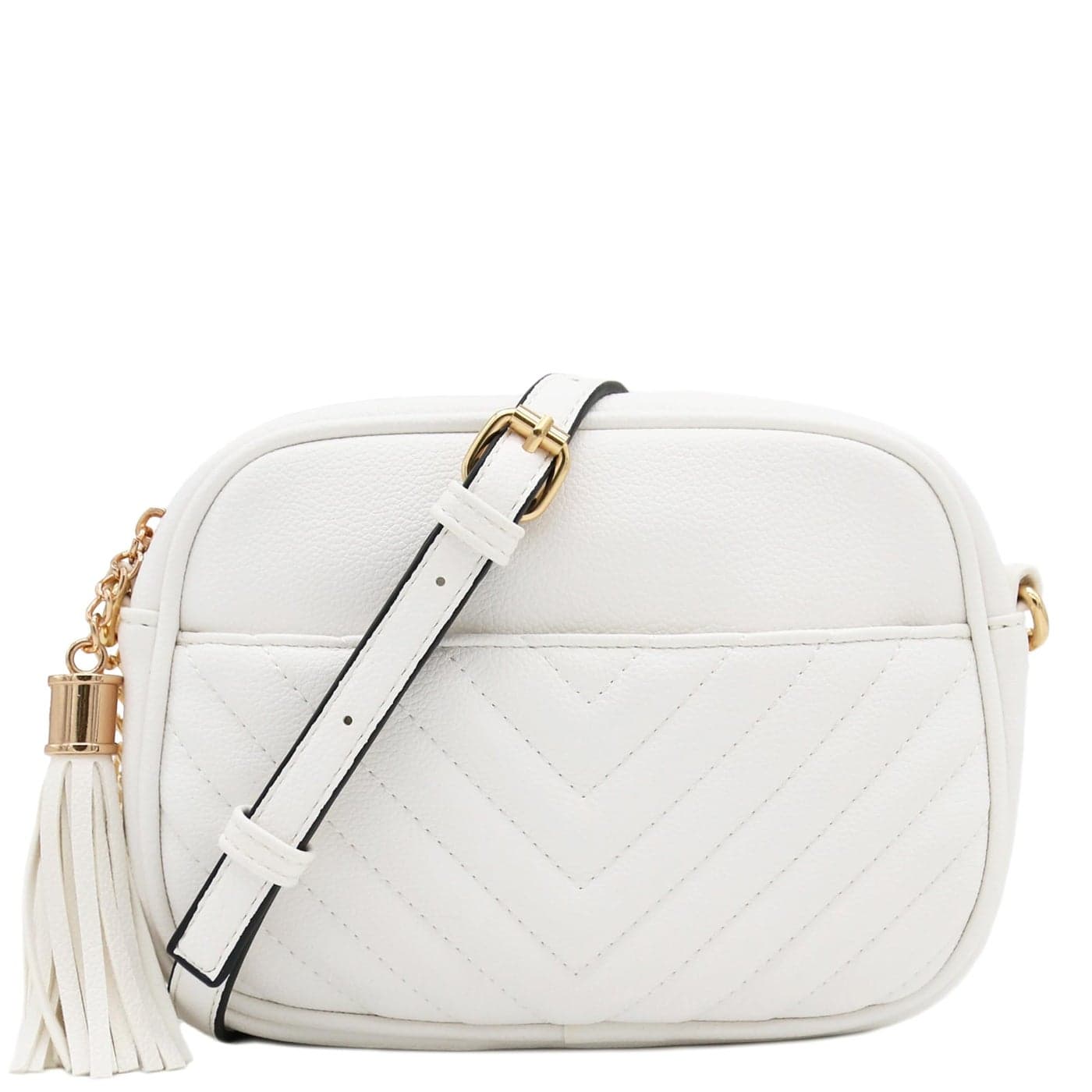 FashionPuzzle Chevron Quilted Crossbody Camera Bag with Chain Strap and Tassel White