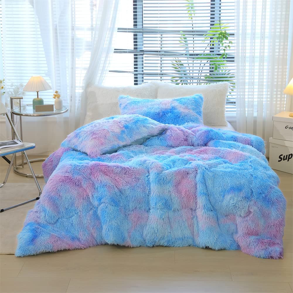 chovy Faux Fur Plush TieDyed Colorful Blue Comforter Sets FullQueen Ultra Soft Shaggy Flannel Velvet Fluffy Fuzzy 3PC Bedding Set Comforter x 1 Pillowcases x 2