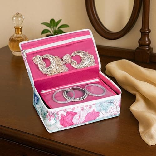 HomeStrap Gulmohar Luxe Jewellery Pouch - Floral Design Organizer | Elegant Jewellery Storage for storing bangles, earrings, rings & necklace (Pink)