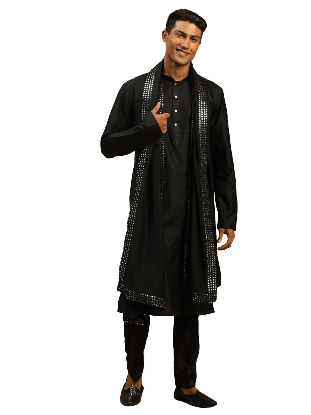 VASTRAMAY Men’s Black Viscose Kurta, Pyjama & Dupatta Set | Solid Kurta And Pyjama Set on Fluid Viscose Fabric of Natural Yarn In Cream Color. Comes with Black Mirror work Dupatta. | Elegant