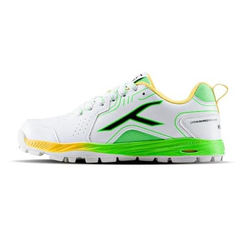 Hundred Pitch Force Limited Edition Cricket Shoes | Terraspike Studs | Embedded Support Plate for Stability | Lightweight & Durable | Ideal for All Surfaces (White/Green/Yellow ; UK 11)
