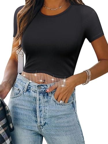 Nlife Womens Nashville Sparkly Glitter Fringe Short Sleeve Cropped Top Raceback Ribbed Crop Tank Tops with Rhinestone Tassel