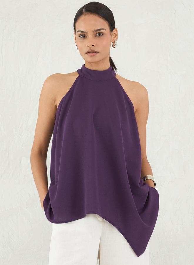 Deep Purple Asymmetric Hem Halter Neck Top — XL