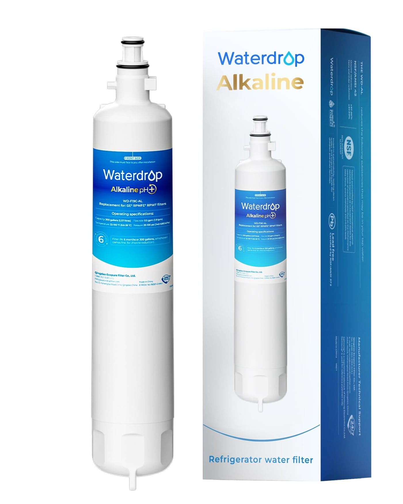 Waterdrop WD-F19C-AL Alkaline Refrigerator Water Filter, Enhances pH, Replacement for GE® RPWFE®, RPWF (Built-in CHIP) Refrigerator Water Filter, Compatible with GFE28GYNFS, GFE28GELDS
