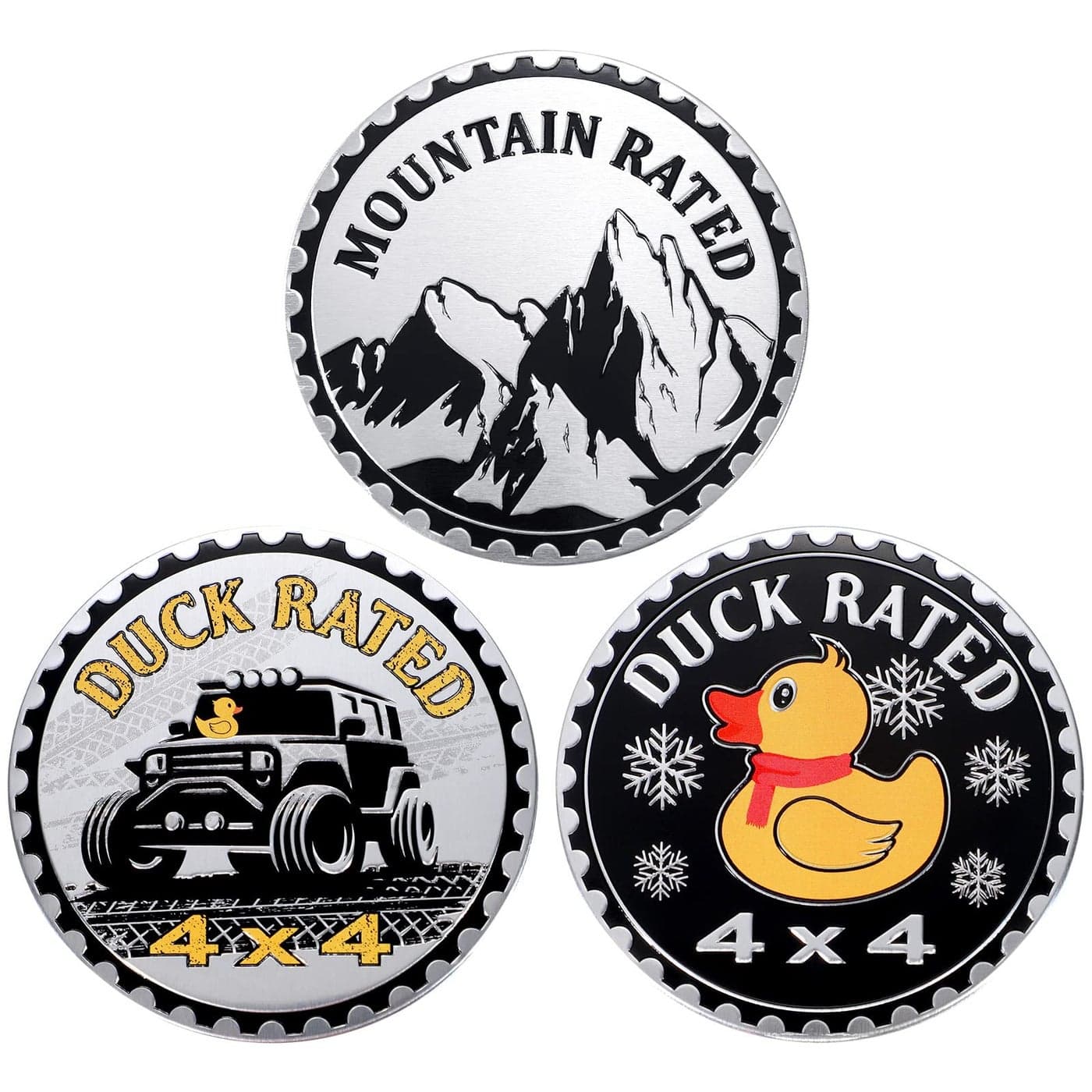 3 Pcs Duck Badge Rated Car Emblem 4 x 4 Metal Automotive 3D Metal Car Badges Emblems Round Decals Stickers with Vehicles Trucks SUV RV Decoration