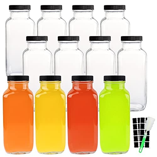 HINGWAH 16 OZ Glass Drink Bottles, Set of 12 Vintage Glass Water Bottles with Lids, Great for storing Juices, Milk, Beverages, Kombucha and More (Labels and Sponge Brush Included)