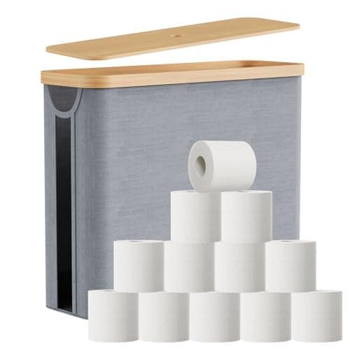 JOLLYIN Toilet Paper Storage Basket with Bamboo Lid, Toilet Paper Holder with Storage, Free Standing Bathroom Storage Organizers with Non-Slip Bottom, Grey 1 Pack
