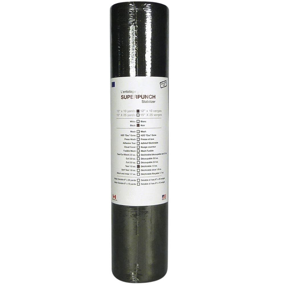 Superpunch 15 oz Black Tear Away Stabilizer for Embroidery 12 inch x 10 Yard Roll SuperStable Tear Away Machine Embroidery Stabilizer Backing Polyester Cellulose Made in the USA