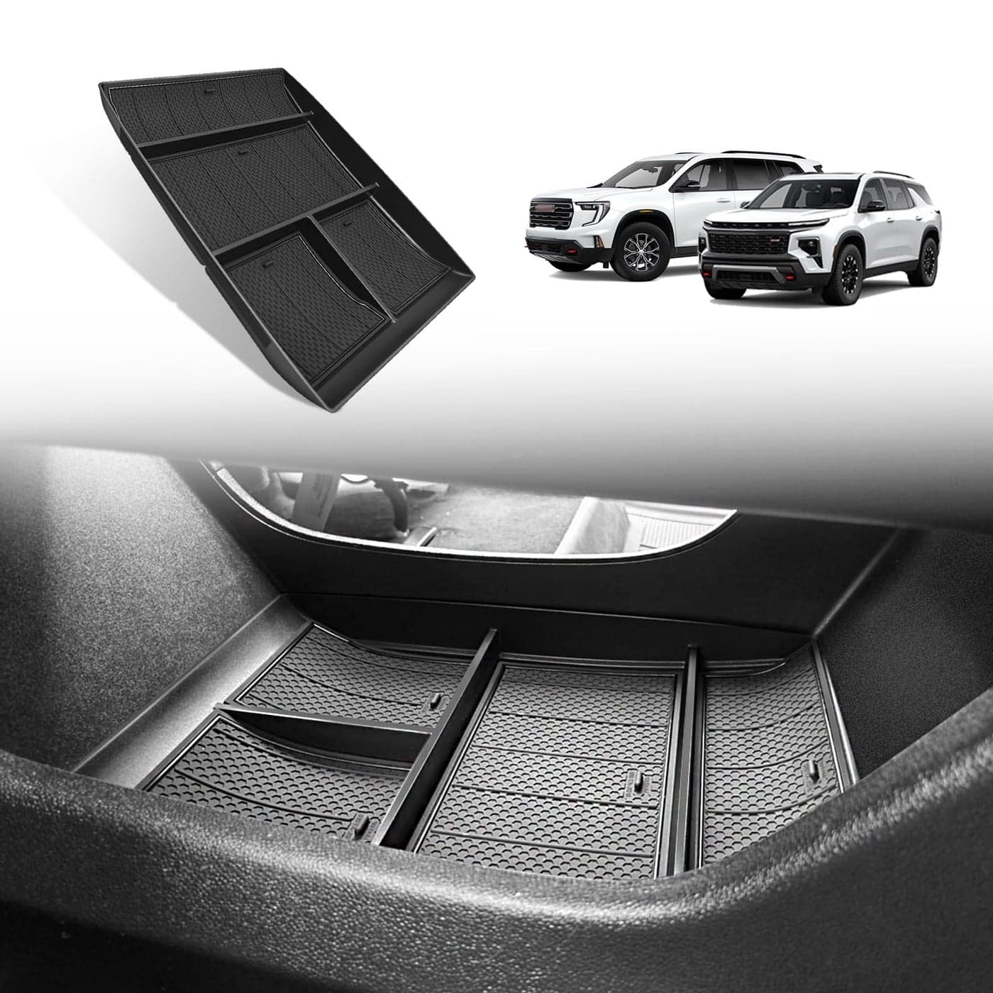 Muslogy Lower Center Console Organizer Compatible with 2024 2025 GMC Acadia Chevy Traverse Accessories Interior Storage Divider Bottom Insert Tray with AntiSlip Mats