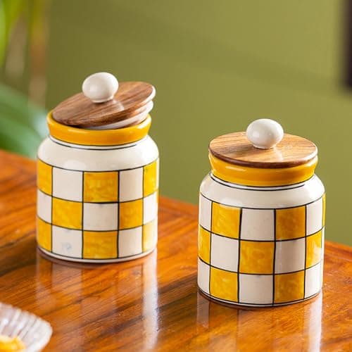 ExclusiveLane 'Shatranj Check' Airtight Ceramic Jars for Kitchen Storage (Set of 2, 410 ml, 5.2 Inch, Multicolor)|Ceramic Jar with Wooden Lid Salt Jar for Kitchen MultiUtility Snacks Jars & Containers