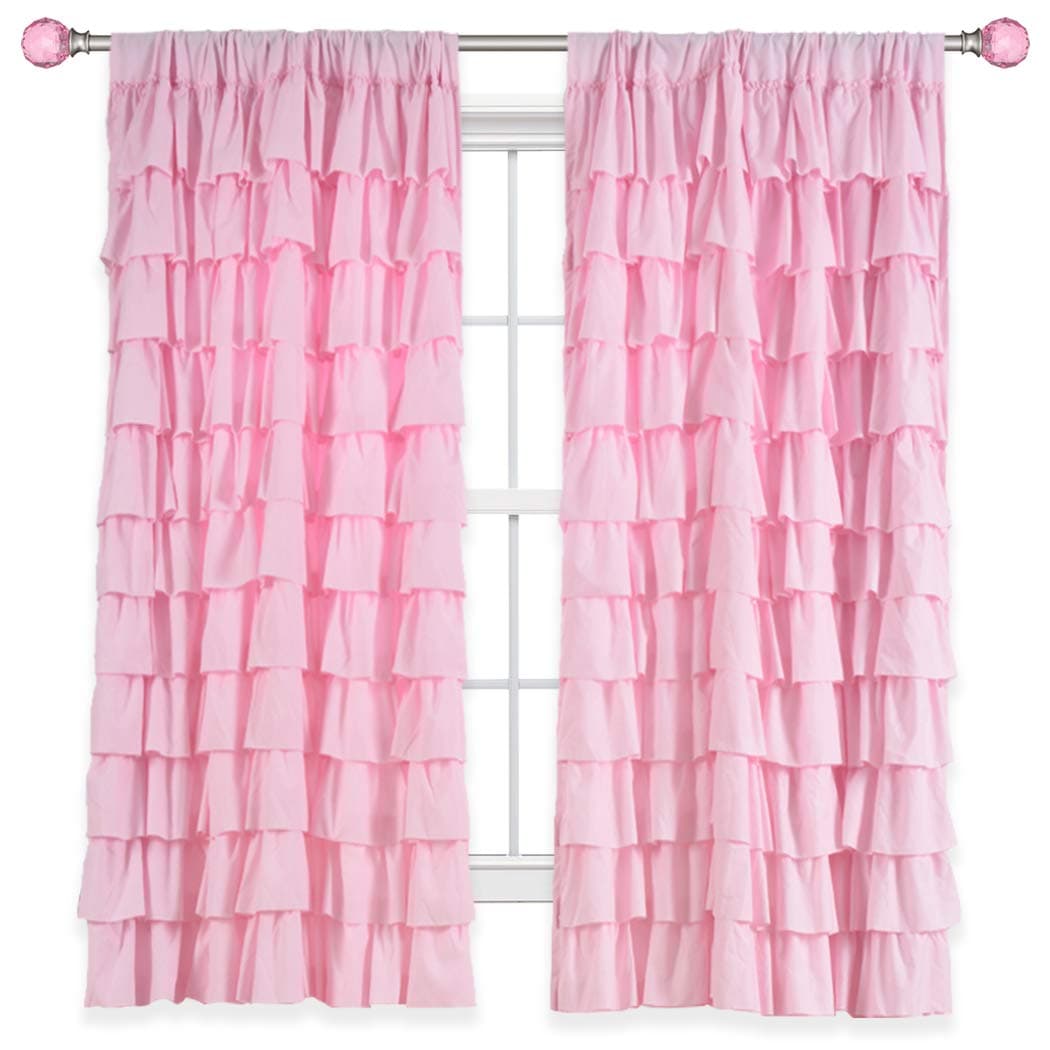 Kotile Pink Ruffle Curtain 63 Inch Length for Girls Bedroom Shabby Chic Gypsy Layered Ruffled Curtain Panel Rod Pocket Privacy Light Filtering Ruffle Window Curtain 1 Panel W52 x L63 Inch