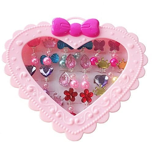 Elesa Miracle 28pcs Children Kids Little Girl Shiny Clip-on Earrings and Adjustable Jewelry Rings in Box, Girl Pretend Play Earrings and Dress up Rings
