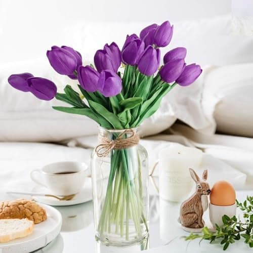 SATYAM KRAFT 5 Pcs Artificial Tulip Flowers Bunches for Home Decor, Vase, Table Top, Living Room Corner Wedding, Party Decor, Christmas & Valentine Decoration Item (Without Vase) (Dark Purple)