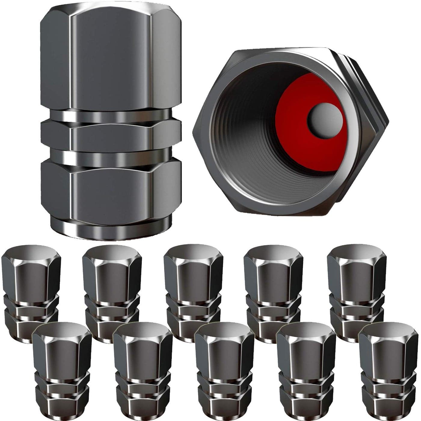 Tire Valve Caps 12 Pack HeavyDuty Stem Covers Dust Proof with O Rubber Seal Hexagon Design Outdoor AllWeather LeakProof Air Protection LightWeight Universal Aluminum Alloy Gun Gray