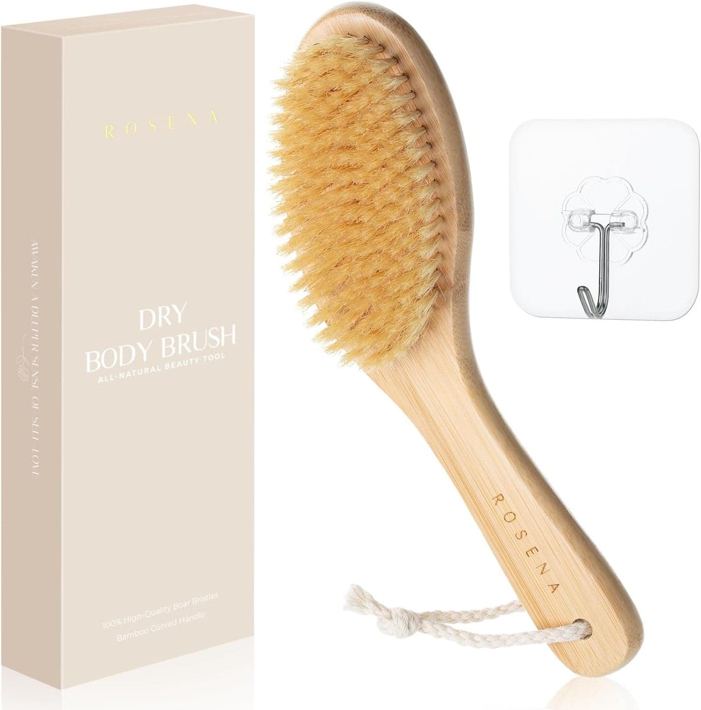 ROSENA Dry Brushing Body Brush with Curved Handle Dry Brush Natural Boar Bristles Bamboo Ergonomic Design for Exfoliating Lymphatic Drainage Sustainable Materials