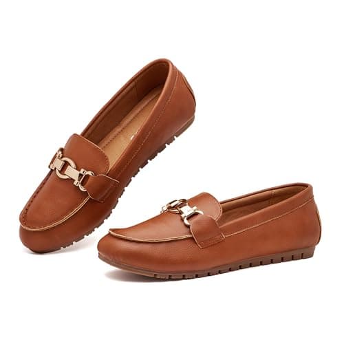 VERDASCO Women's Loafers Shoes Cute Flats Shoes Moccasin Penny Loafers Slip On Work Shoes Casual Shoes Ladies Comfort Walking Shoes Leather Camel 7.5