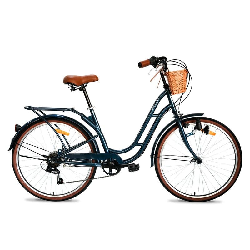 Florida Vintage 26-Inch City Bike For Women & Girls, 26 Inch Wheel Sizes | Shimano 6-Speed Drivetrain | Durable Steel Step-Through Frame with Front Wicker Basket | Rear Carrier & Dynamo LED Headlight - Royal Blue