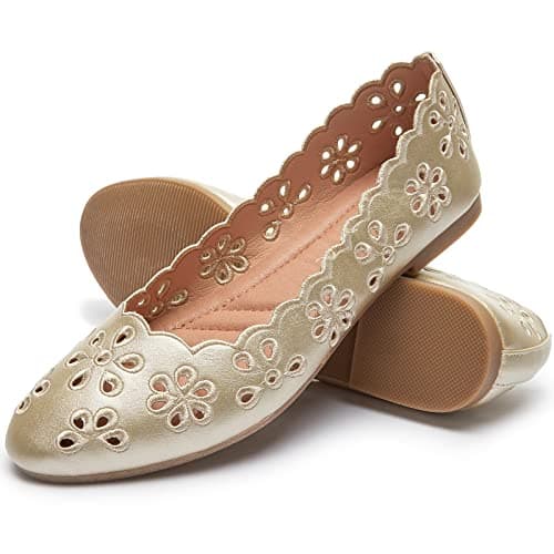 FRACORA Womens Ballet Flats Black PU Leather Dress Shoes Comfortable Round Toe Slip on Flats with Breathable EyeletsGoldUS6