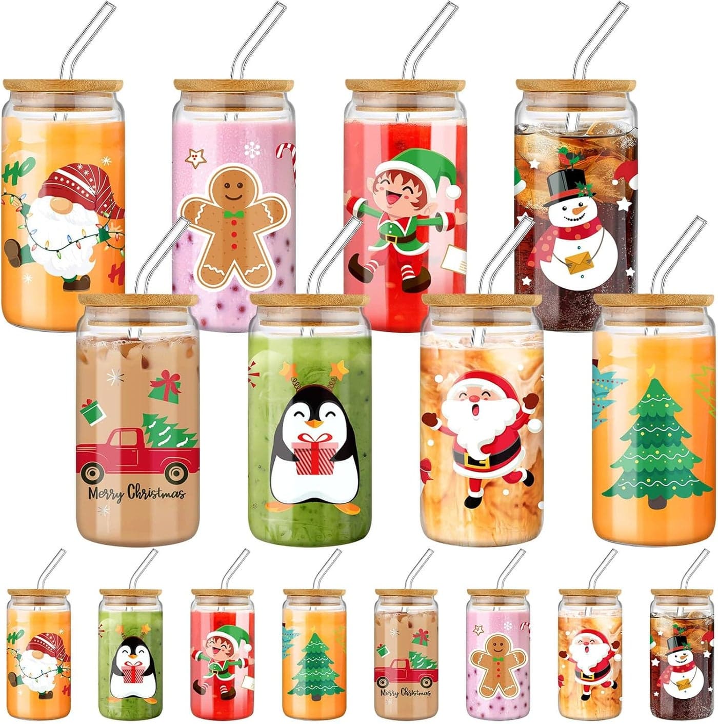 Sliner 16 Pcs Christmas Glass Cups 16oz Drinking Glasses with Lids and Straws Can Shaped Iced Coffee Cup Mason Jar Cups Christmas Mugs Tumbler Glass Water Jar for Women Men Xmas Gift
