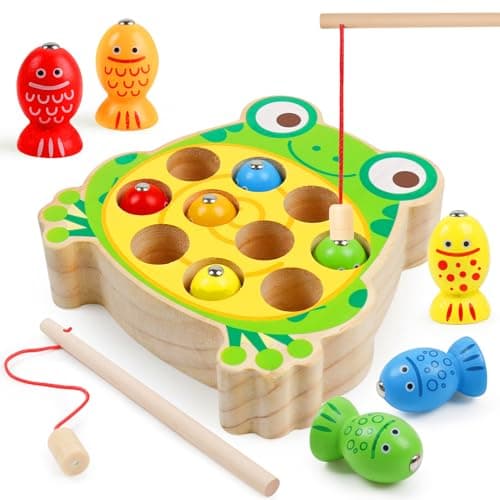 NAODONGLI Magnetic Wooden Fishing Game Toys for ToddlersWooden Frog Magnets Fishing Learning Color Sorting Puzzle Montessori Preschool Educational Fine Motor Skills for 3 4 5 Years Old Boys Girls