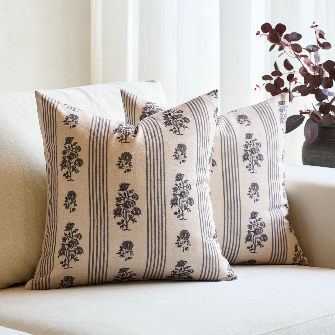 Amor Virisso Floral Throw Pillow Covers 18x18 Set of 2 Block Print Pillow Covers Neutral Floral Striped Farmhouse Decorative Pillow Covers for Sofa Couch Bed Light Taupe