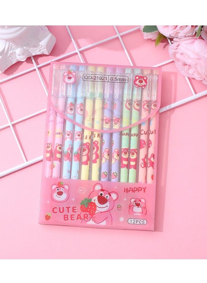 12 Pieces Of Cute Family Erasable Straight Neutral Pen Ins Girl Feng Shui Pen High Value Gift Pen Stationery (Strawberry Bear-0.5mm Blue Refill)