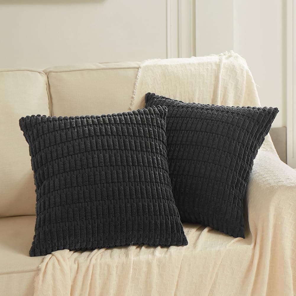 Fancy Homi 2 Packs Black Decorative Throw Pillow Covers 20x20 Inch for Living Room Couch Bed Sofa Rustic Farmhouse Boho Home Decor Soft Striped Corduroy Square Cushion Case 50x50 cm