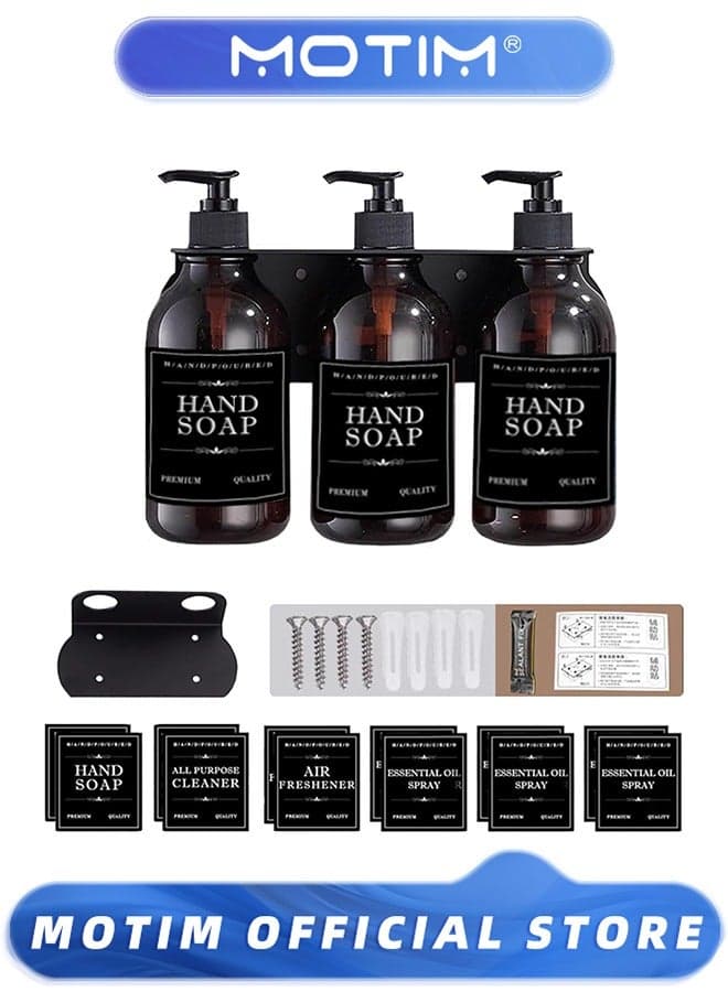 3 Pack Plastic Refillable Dispenser with 12Pcs Waterproof Labels, 500ml Hand Dish Wash Dispenser Bottle Pump Container