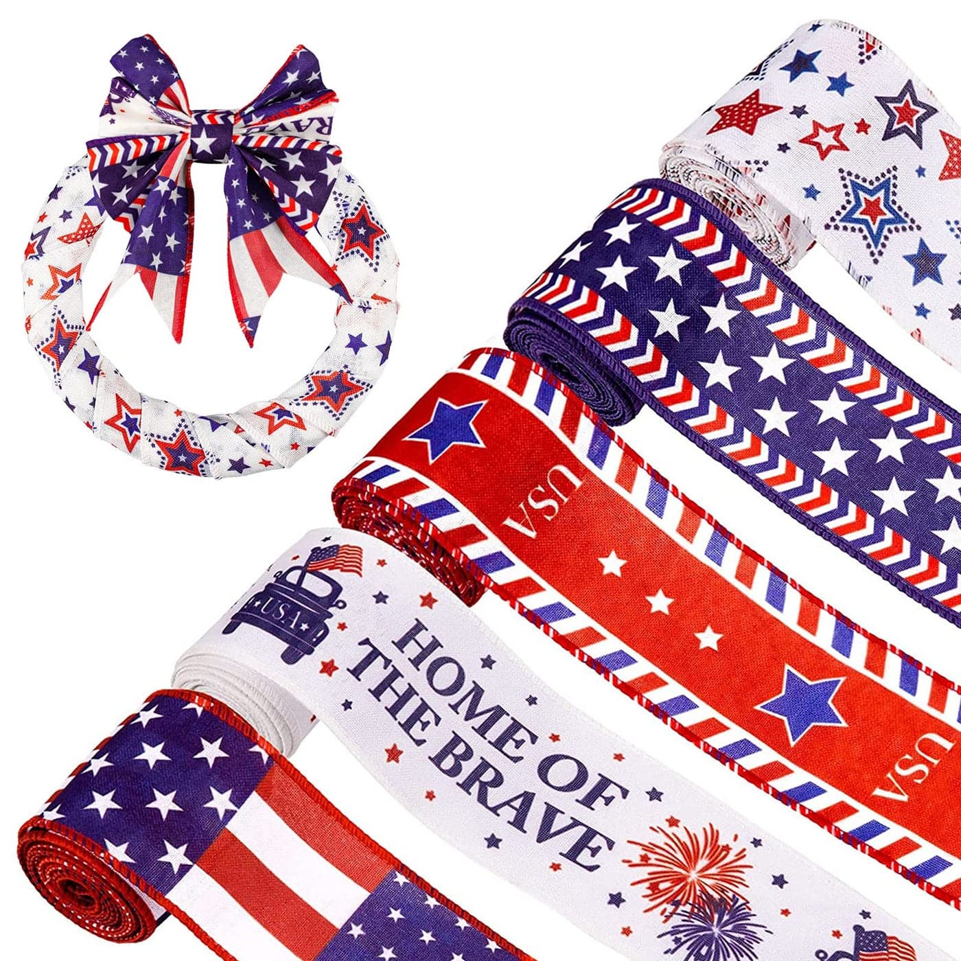 Whaline 5 Rolls Patriotic Ribbon 4th of July Stars and Stripes Burlap Wired Edge Ribbon 25 Yards American Flag Decorative Ribbon for Independence Day Gift Wrapping DIY Wreath Bow Craft Sewing