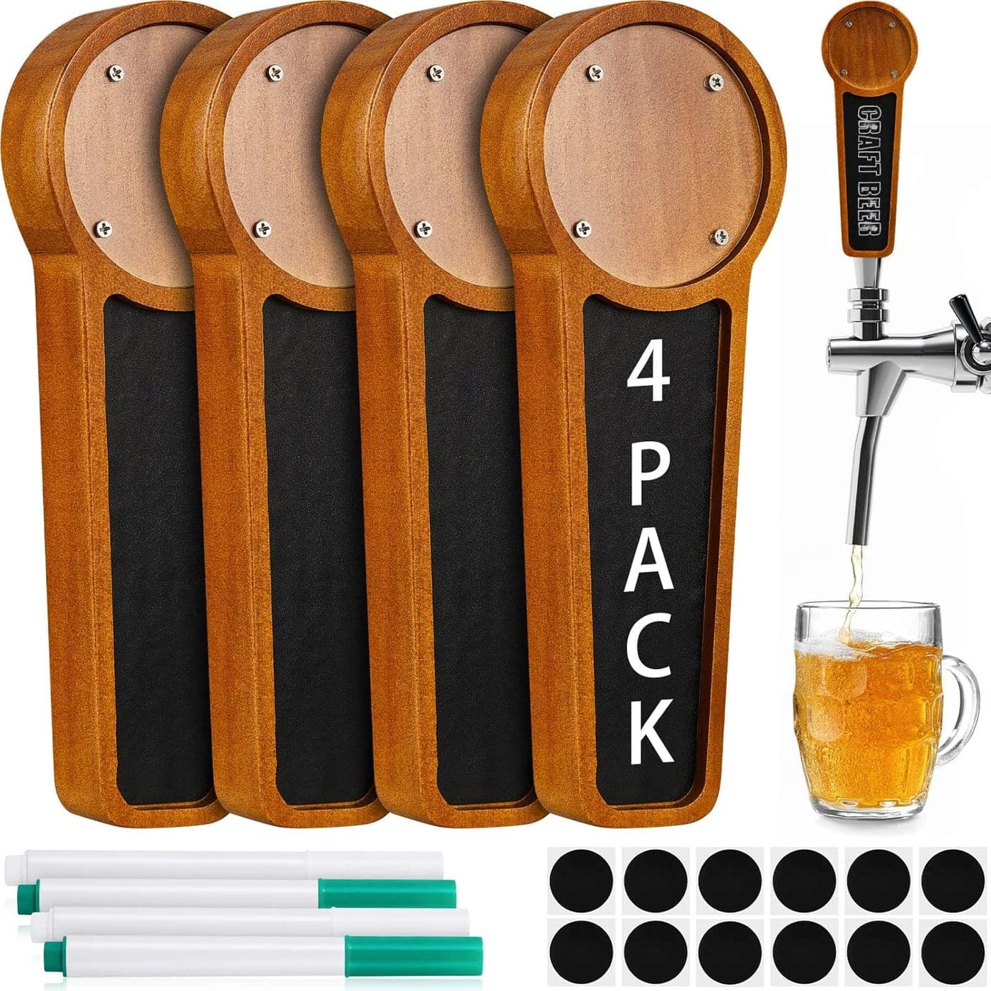 4 Pcs Wooden Chalkboard Beer Tap Handle for Kegerator with Changeable Logo and 4 Pen for Bar Restaurant Wedding Brewery Craft Display Beer Lovers Homebrew Brown