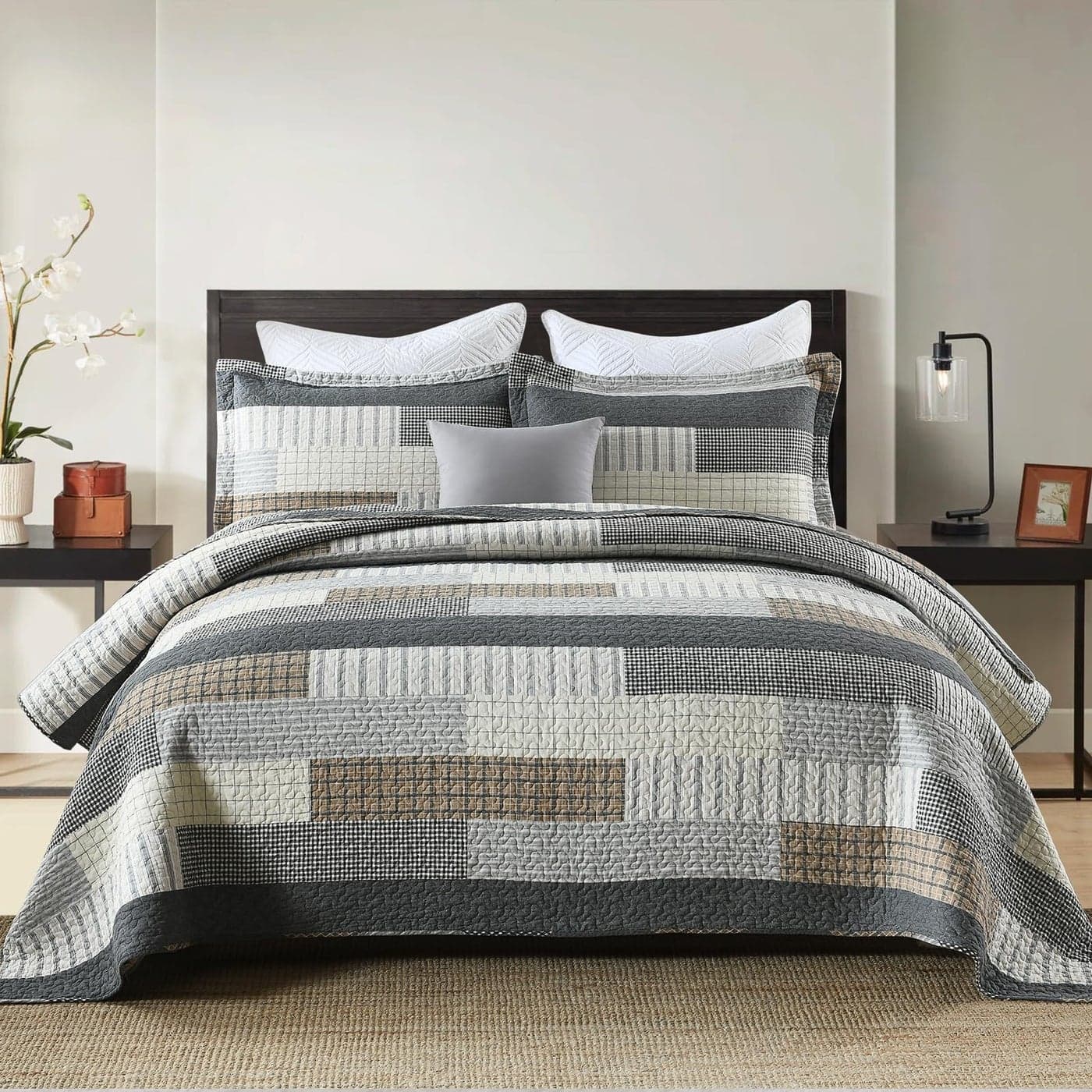 Finlonte Quilt Queen Size 100 Cotton Queen Size Quilts Grey Black Brown Quilted Bedspreads Plaid Comforter Set Lightweight Reversible Soft Breathable Bedding Sets for All Season 3 Pieces