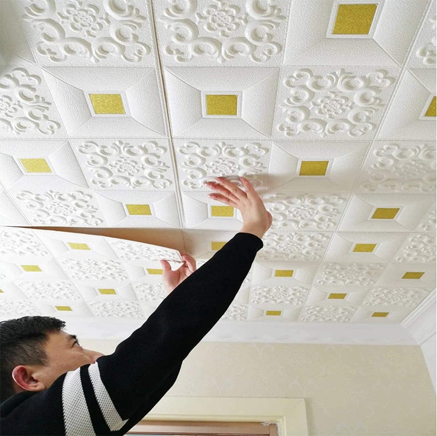Barebeauty Foam 3D Ceiling Wallpaper for Living Room,Bedroom,Hall,Home Wall Tiles Panel,False Roof Ceiling Self-Adhesive Stickers (70 X 70 Cm) (3D-Brick White Gold, Pack of 8)