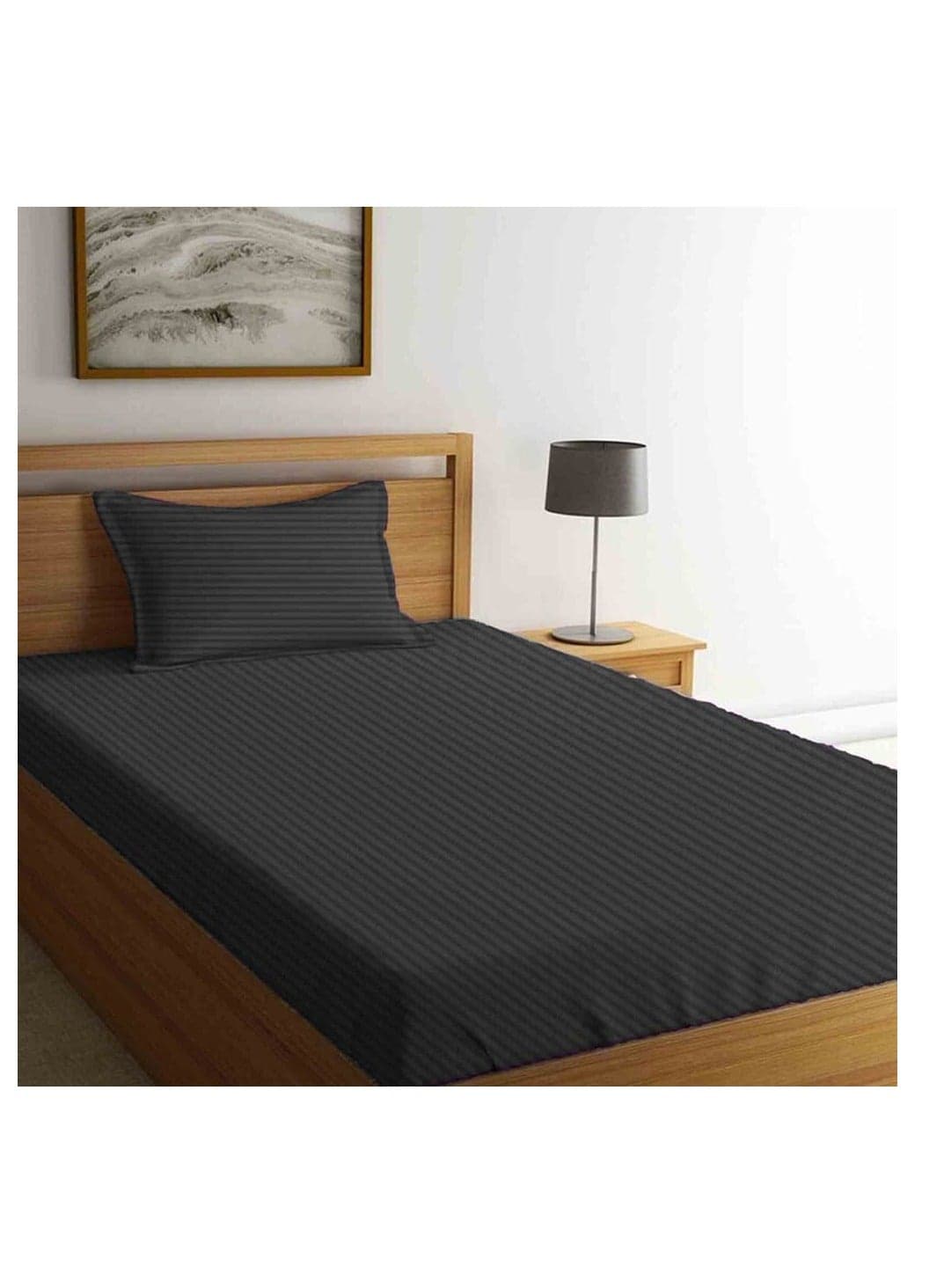 Tulip (Charcoal) Single Size Fitted Sheet with 1 cm Satin Stripe (90 x 210 + 30 Cm-Set of 1 Pc) 100% Cotton, Soft and Luxurious Hotel Quality Bed linen-300 TC