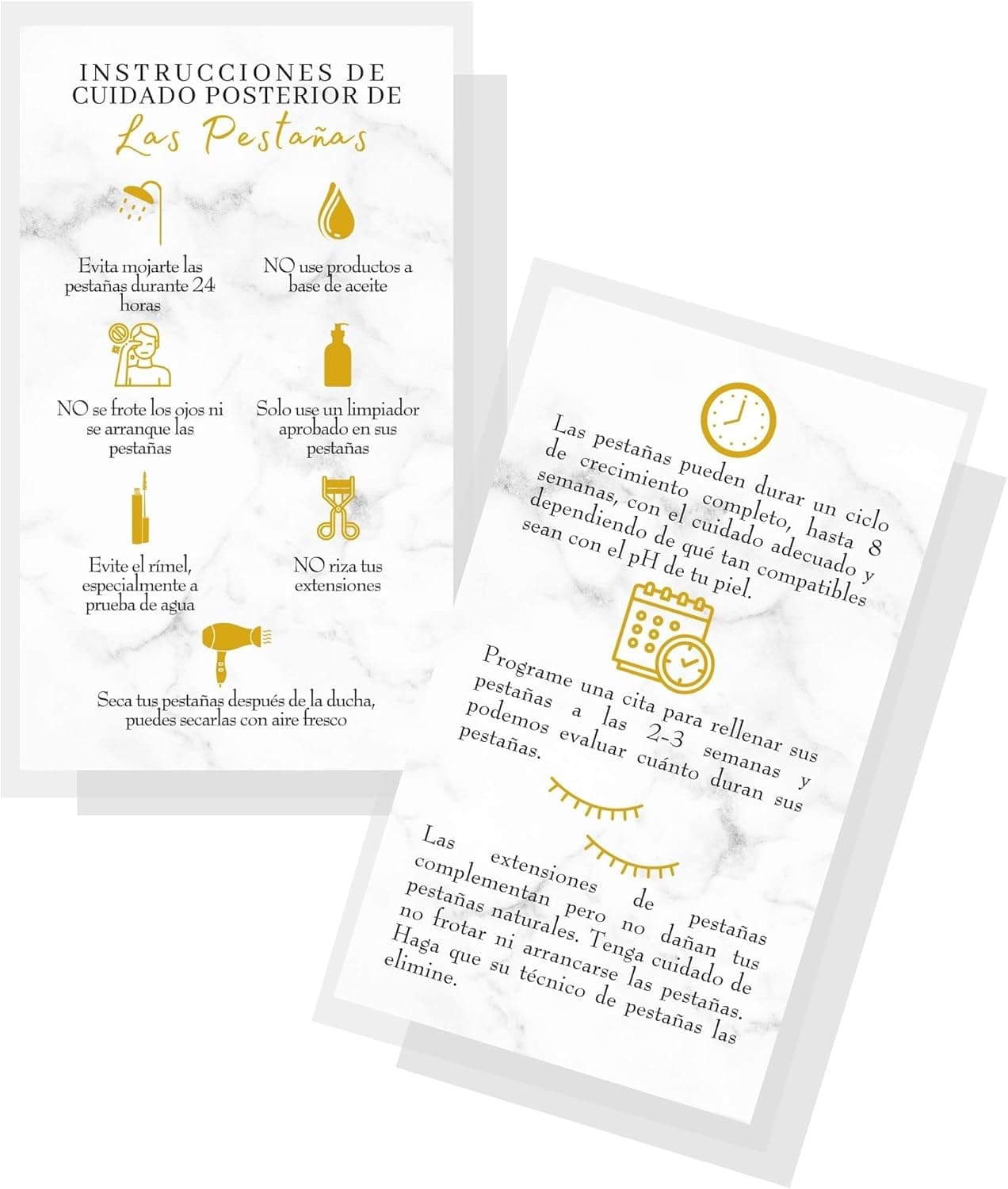 Spanish Lash Aftercare Instructions 50pk Cuidado Posterior de la Extensin de Pestaas 2 x 35 inch Card for clients Eyelash Extension Supplies marble gold beautiful 23 week refills fillers
