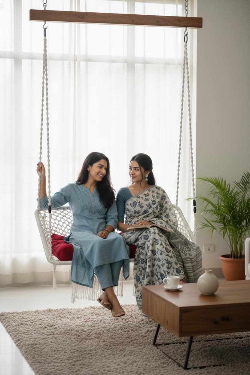 Patiofy Premium Large Double Seater Swing Hanging Hammock Swing Chair/Jhula for Adults/ 2 Seater Swing for Balcony, Indoor & Outdoor, Home/Includes Free Hanging Accessories & Cushion-White