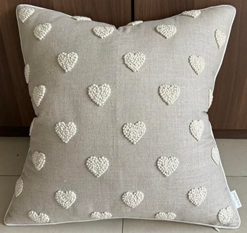 VAGMINE Hand Embroidered Valentine’s Day Gift Throw Pillow Cover - 18x18 Natural Linen - French Knotted Hearts