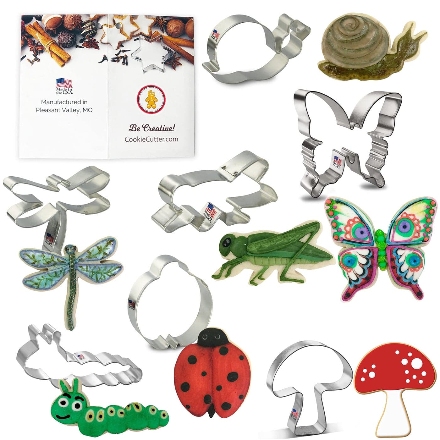 Foose Cookie Cutter 7 Piece Insect 35 in Dragonfly 425 in Caterpillar 3 in Ladybug 45 in Butterfly 35 in Grasshopper 425 in Snail 325 in Mushroom USA Made
