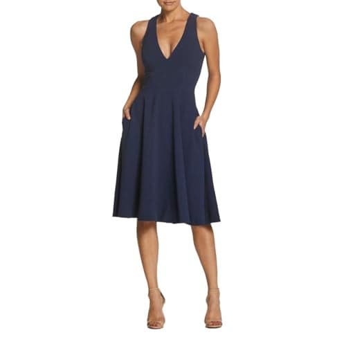 Dress the Population Women's Catalina Solid Sleeveless Fit & Flare Midi Dress, Midnight Blue, XS