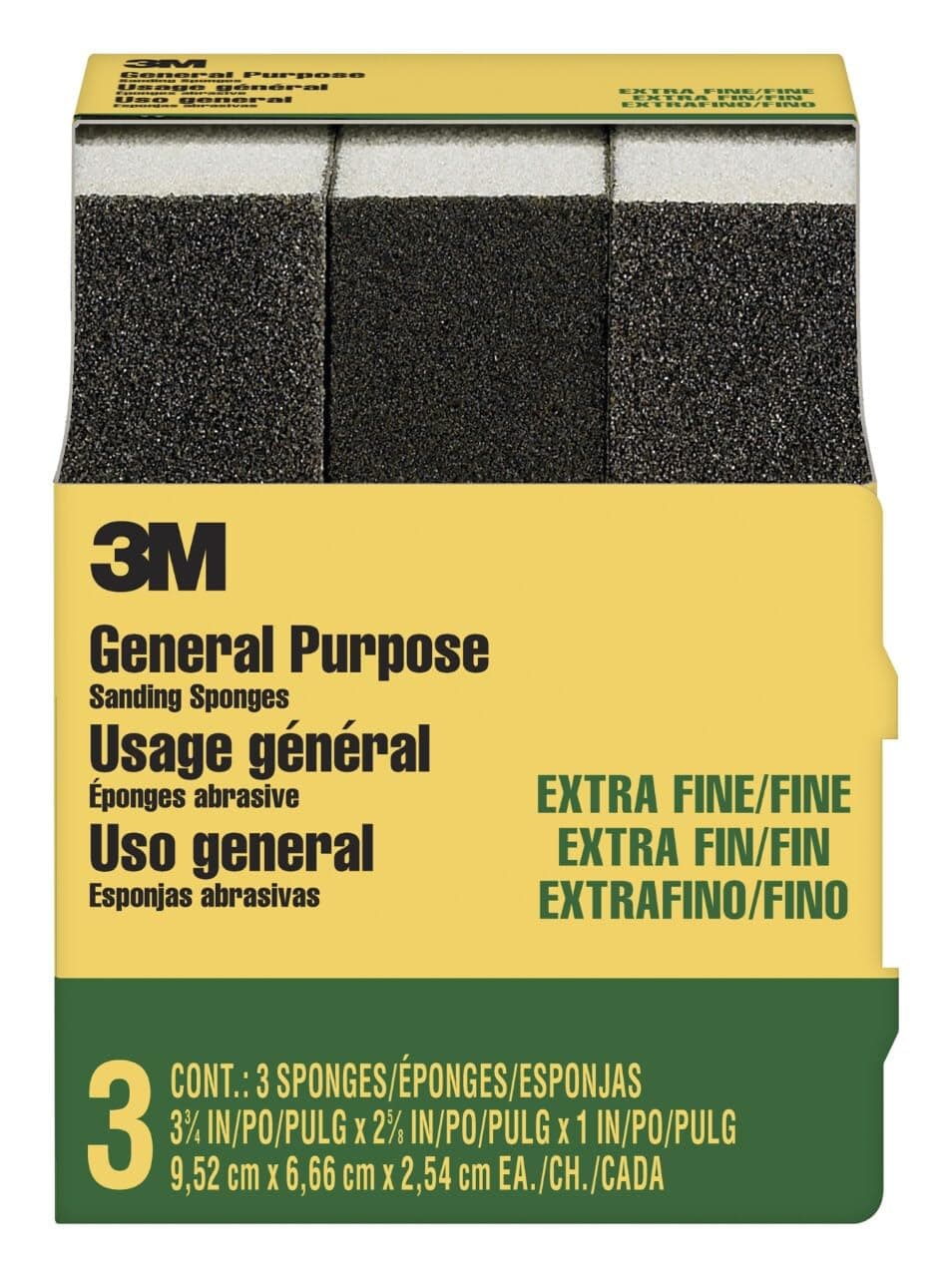 3M Extra FineFine Sanding Sponge 334in x 258in x 1in 3Pack 907NA3PCC