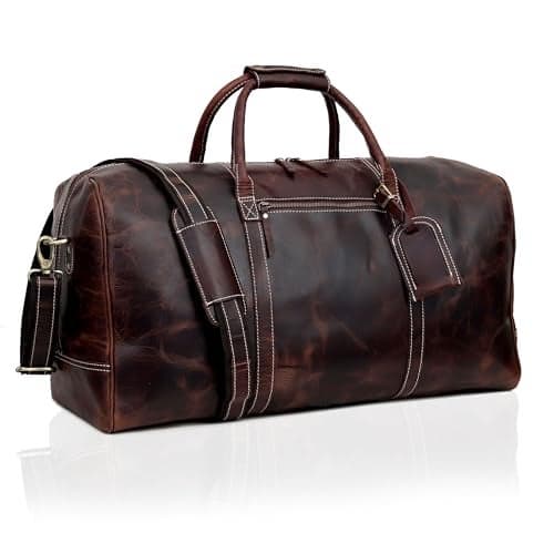 21 Inch Genuine Buffalo Leather Travel Duffle Bag | Overnight Weekend Leather Bag | Sports Gym Duffel for Men| Airplane Under Seat Carry on Bags (brown)
