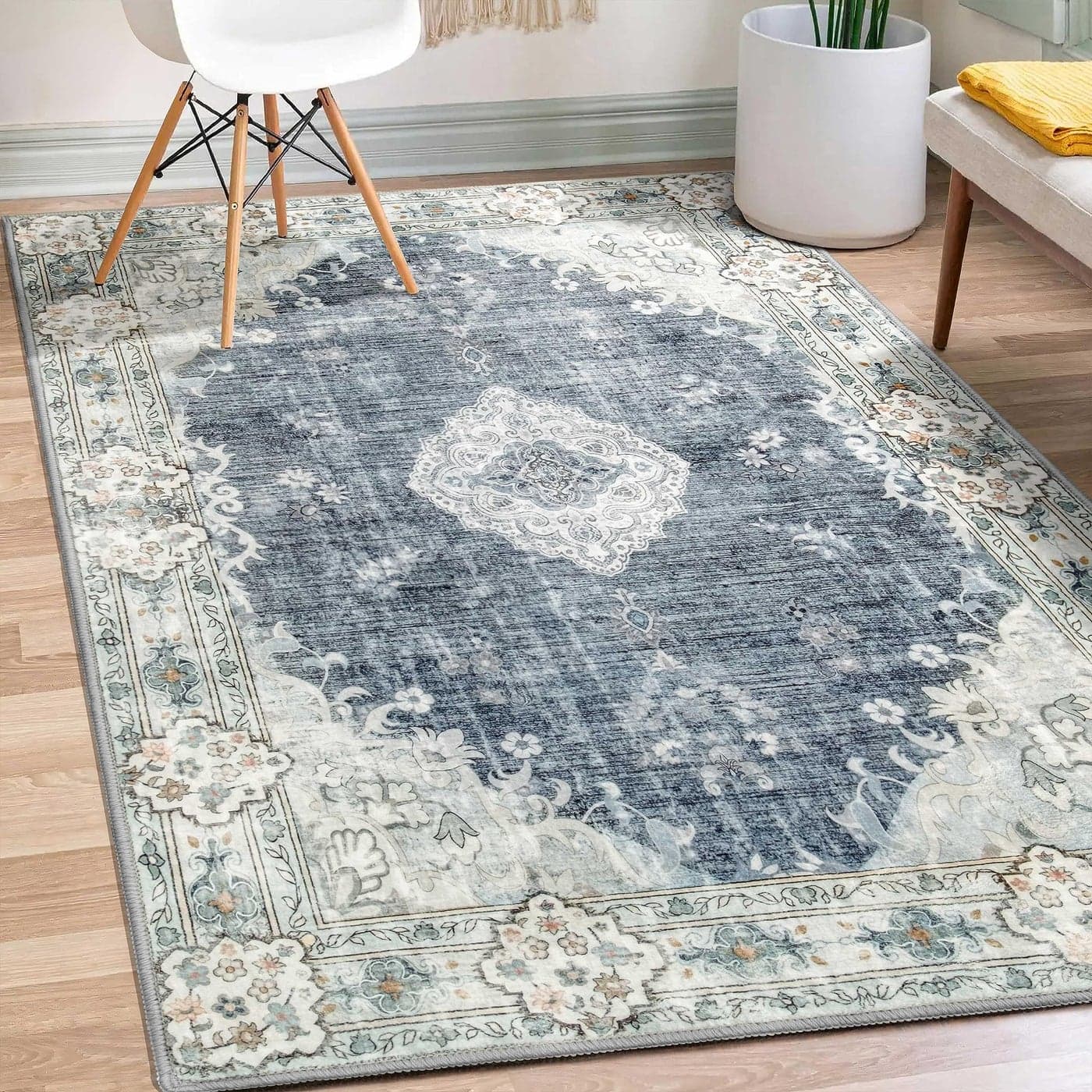MUJOO Boho Rug 3x5 Blue Grey Rugs Machine Washable Area Rug Small Non Slip Throw Rugs for Entryway Bedroom Bedside Kitchen Hallway Living Room Laundry Room Indoor Carpet Soft LowPile Floral