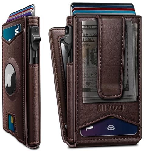 miyozi Airtag Wallet for Men Money Clip 9Card PopUp Credit Card Holder with ID Window RFID Blocking Metal Case Magnetic Closure Front Pocket Wallet Gift Box