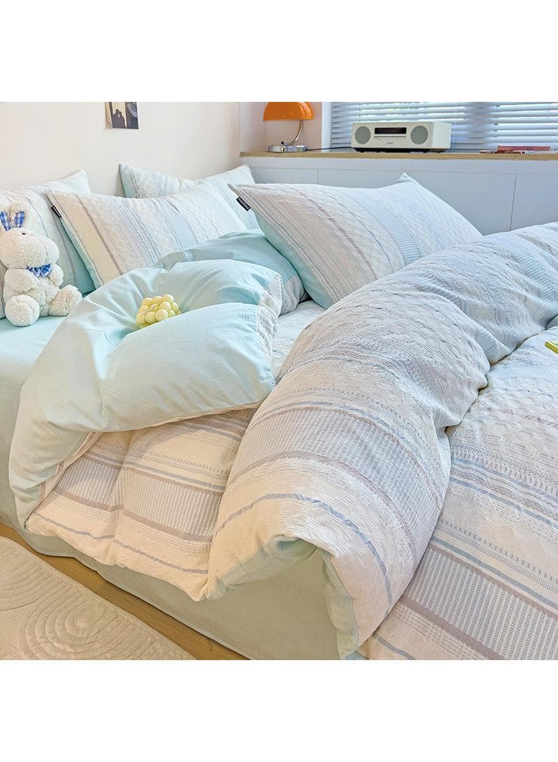 Cotton Satin Duvet Cover Set Solid Color Striped Jacquard 4pcs Cotton 60S Soft Comforter Cover Bed Sheet Pillowcases Bedding Set Size: Queen