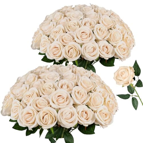 AmyHomie 48 PCS Champagne Roses Velvet Realistic Artificial Flowers with Bendable Stems for Wedding Bouquets Baby Shower Party Home Decor Fake Flowers Gifts for Valentines, Mothers Day, Womens Day