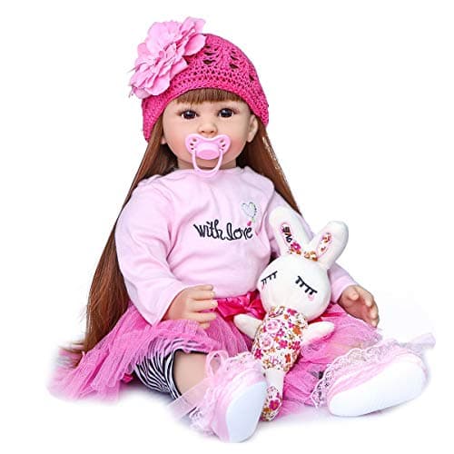 RXDOLL 24 inch Reborn Toddler Dolls Girl Soft Silicone Vinyl Vivid Cute Toddler Reborn Doll Pink Outfit with Accessories for Kids Birthday Gifts 24 inch Girl Rose Pink Dress