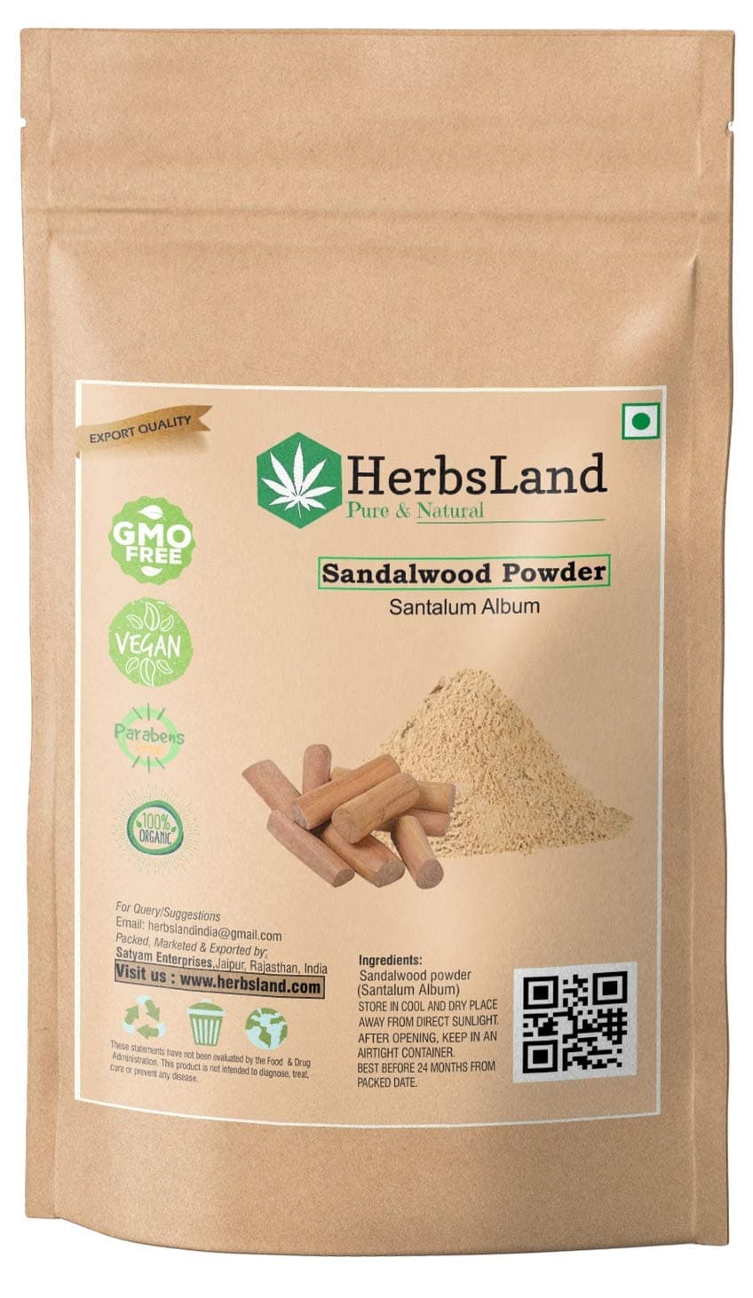 HerbsLand 100 Pure Bio Organic Sandalwood Powder Santalum Album Chandan for SunTan AcneSpot Treatment Skin whitening Face Masks Facials and Skin Care Face pack 50 gm
